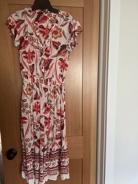 next White Midi Dress with Red Floral Print